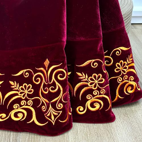 72-Inch Victorian Velvet Christmas Tree Skirt with Gold Damask Embroidery and Plush Lace Ties, Burgundy