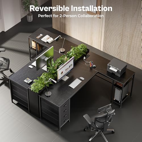 Huuger 63 Inch L Shaped Desk with Fabric Drawers, Reversible Computer Gaming Desk with Power Outlets and USB-C Port, Adjustable Side Storage Shelves