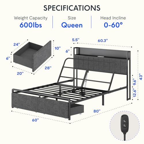 FLEXISPOT Queen Adjustable Bed + 12-inch Cooling Gel Memory Foam Mattress, Storage Headboard, Charging Station, Head Incline, LED Lighting
