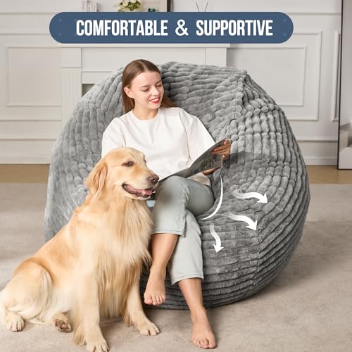 Hobestluk 5ft Bean Bag Chairs for Adults Large Beanbag Chair with Stripe Plush Cover Big Bean Bag Chair for Living Room Bedroom Dorm Office -Black