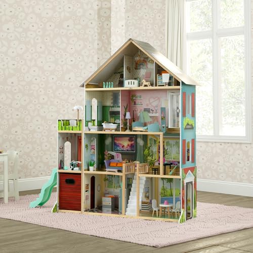 Delta Children Deluxe Maui Dollhouse - Large 4-Story Dollhouse with 12 Rooms Includes 50 Accessories - Working Elevator, Wave Slide, Lights/Sounds
