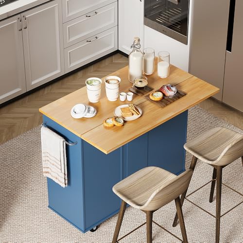 Shintenchi Rolling Kitchen Island Cart with Folding Drop Leaf Breakfast Bar, Portable Trolley Island with Large Storage Cabinet, Shelf and Drawer