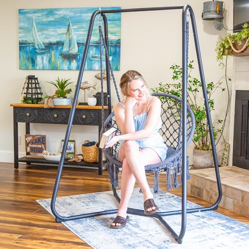 SUNCREAT Hammock Chair with Stand Included, Heavy Duty Hanging Chair with Stand, 330 lbs Capacity, Patent Pending, Grey