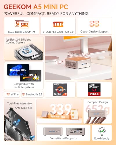 GEEKOM A5 Mini PC, AMD Ryzen 7 5825U, 16GB RAM&512GB M.2 NVMe SSD, Windows 11 Pro Desktop Computer, Vega 8 Graphics, 8K UHD, Dual HDMI | Wi-Fi 6