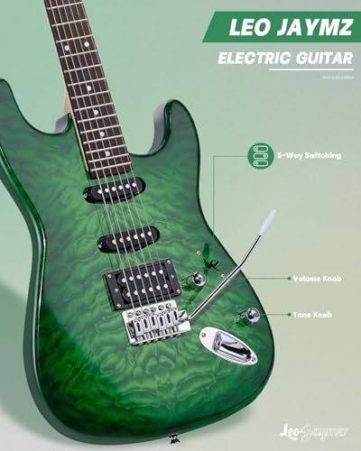 Leo Jaymz 39" Full Size ST Style Electric Guitar Starter Kit with SSH Pickup, 5W Portable Amp, Tuner, Gig Bag, Strap & Accessories (Violet Ocean)