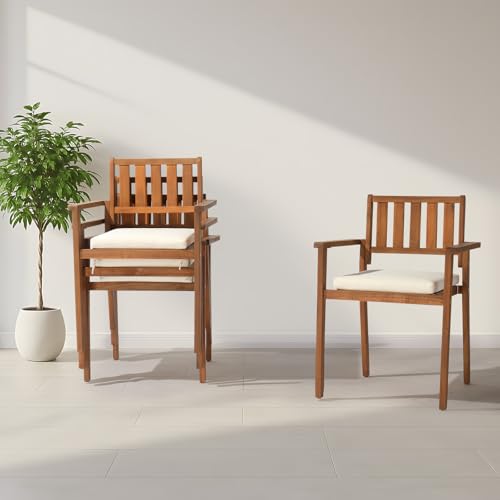 Outvita Stackable Patio Dining Chairs Set of 4, Durable Acacia Wood Outdoor Chairs with Removeable Cushions and Comfortable Armrests for Porch