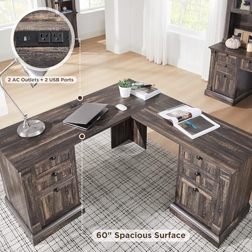 OKD 60" Executive Desk with Drawers, Farmhouse Home Office Desk with Charging Station, Keyboard Tray, File Cabinet Storage