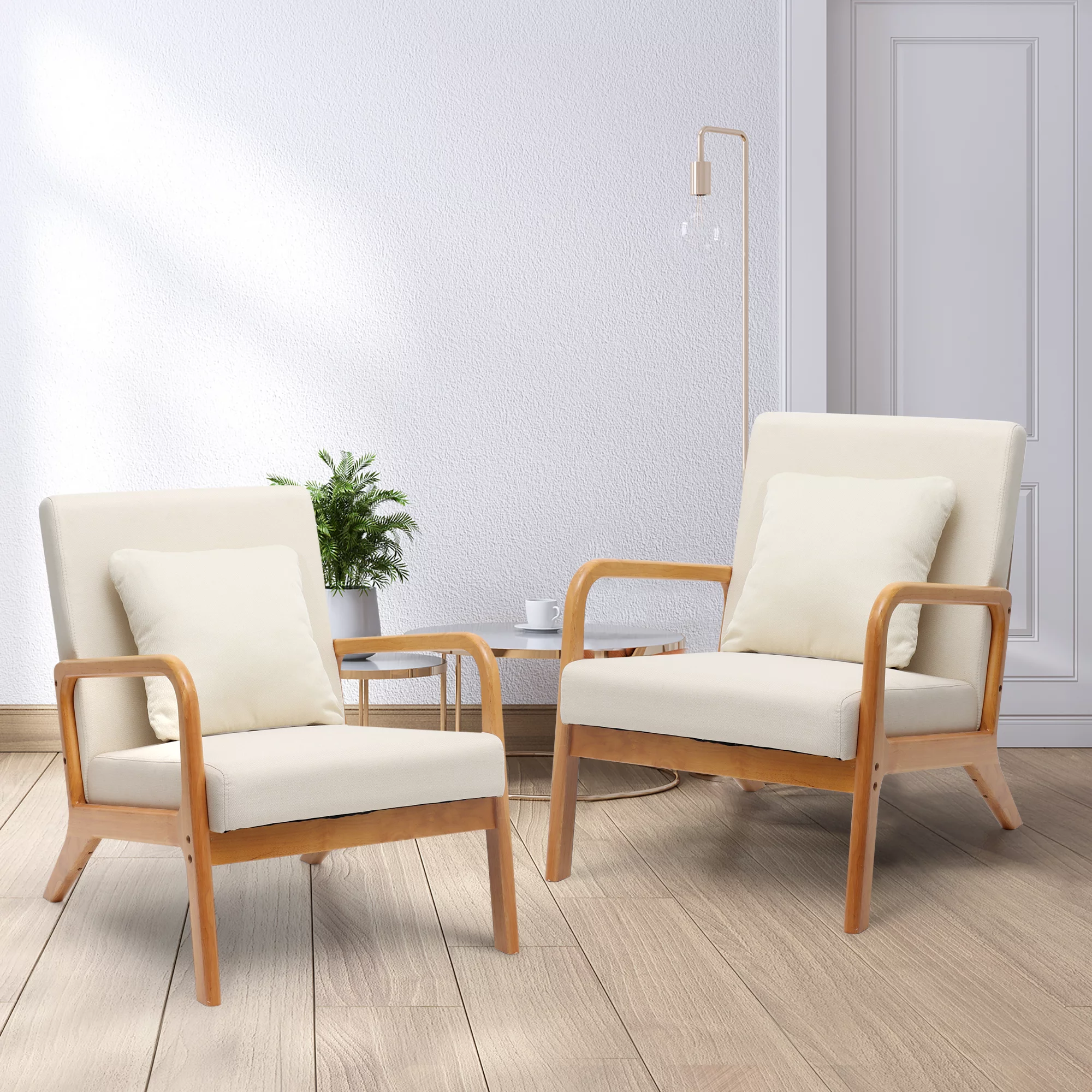 Modern Mid Century Accent Chairs,Living Room Chair Set of 2,Fabric Read Armchair Set for Bedroom,Beige