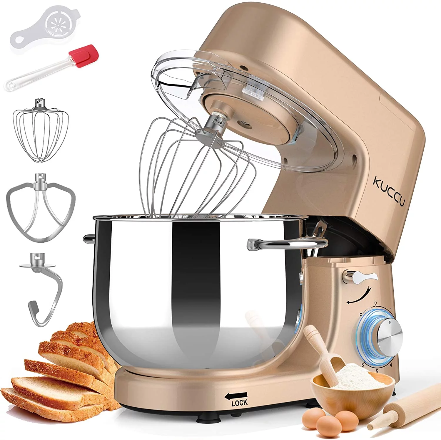 Kuccu Stand Mixer, 8.5 Qt 660W, 6-Speed Tilt-Head Food Dough Mixer, Electric Kitchen Mixer with Dough Hook, Flat Beater & Wire Whisk
