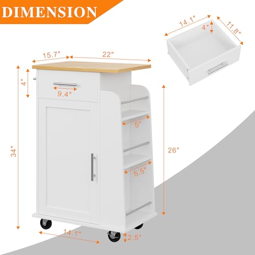 Shintenchi Rolling Kitchen Island Cart with Folding Drop Leaf Breakfast Bar, Portable Trolley Island with Large Storage Cabinet, Shelf and Drawer
