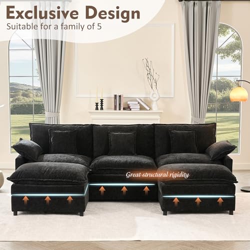 108" U Shaped Couch, Modular Sectional Sofa, 3-Seater Comfy Cloud Couch with Movable Ottoman, Deep Seat Couches for Living Room, Chenille, Black