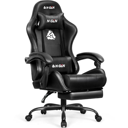 N-GEN Video Gaming Chair with Footrest High Back Ergonomic Comfortable Office Computer Desk with Lumbar Support Height Adjustable with PU Leather