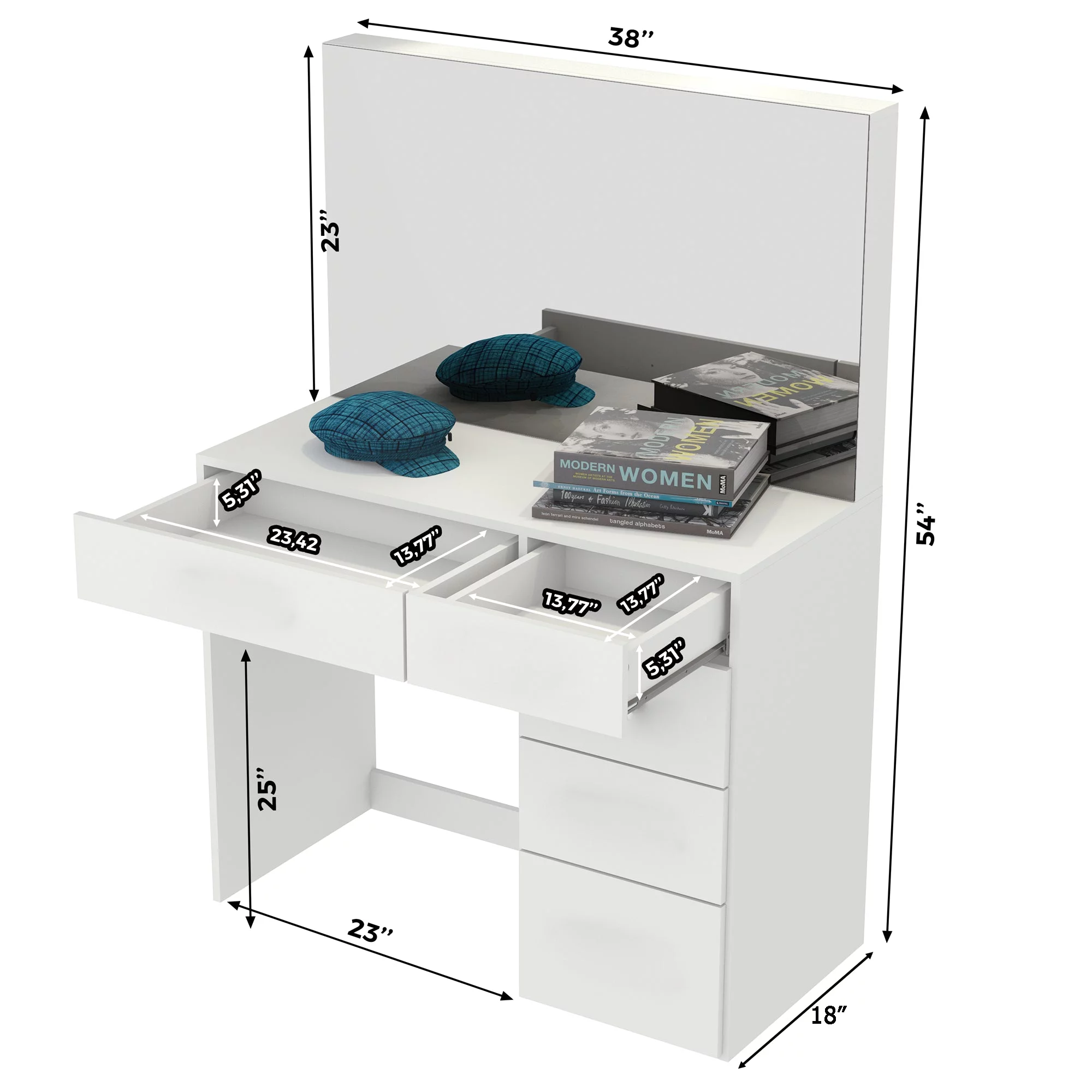 Boahaus Matilda Vanity Makeup Table with Mirror, Manufactured Wood, Golden Knobs, White