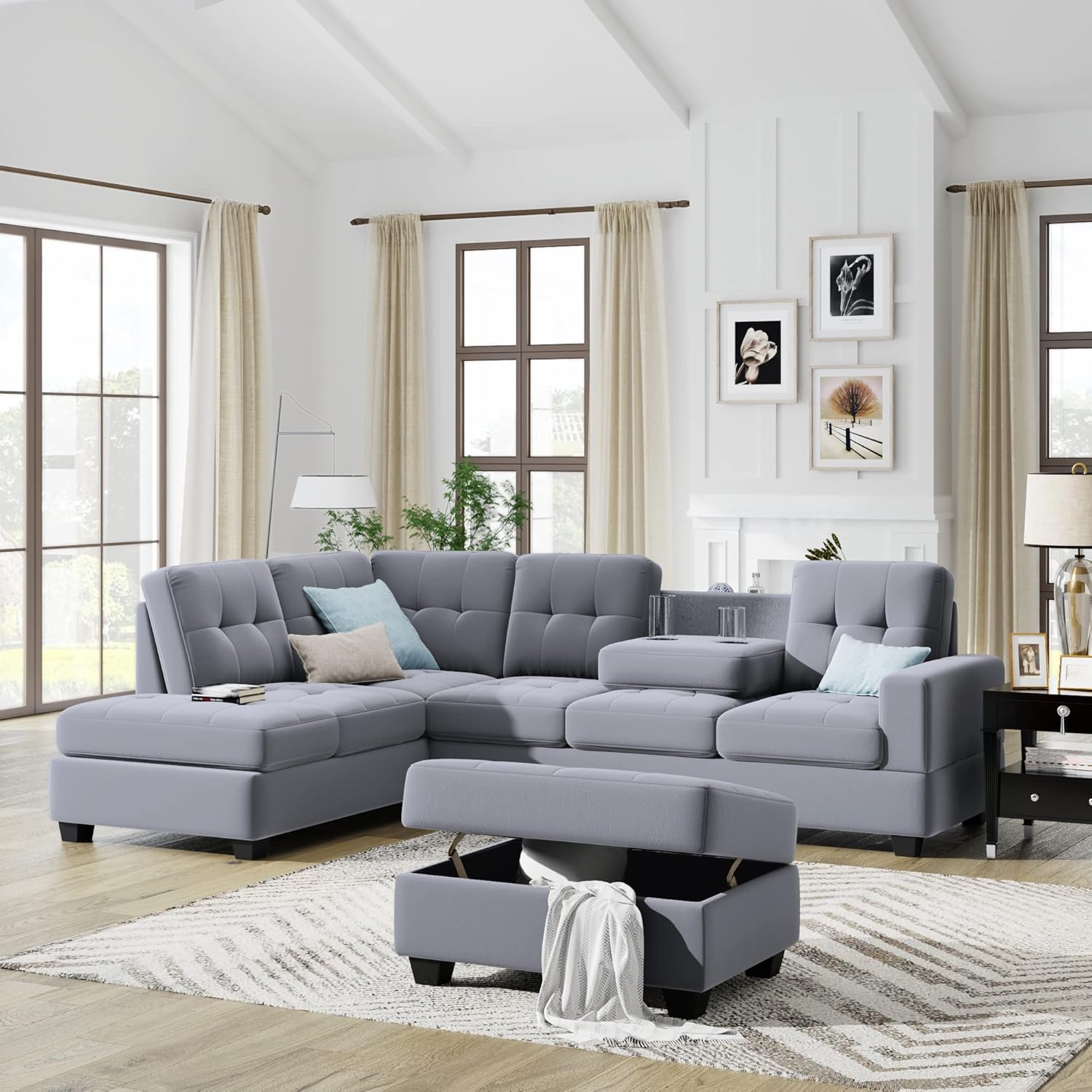 Linen Upholstered Sofa Set with Reversible Sectional Chaise, L Shaped Couch Foldable with 2 Cup Holders, Ottoman with Storage, for Living Room