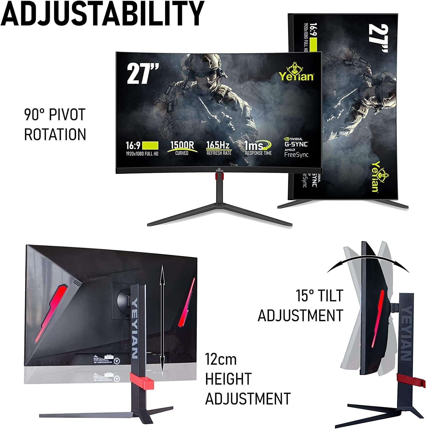 YEYIAN Sigurd 3001 27” Curved PC Gaming Frameless LED Multistand Monitor, 1080P HD, 165Hz, 1ms, 3000:1, 16:9, 178°, 16.7M Colors, G-Sync, FreeSync