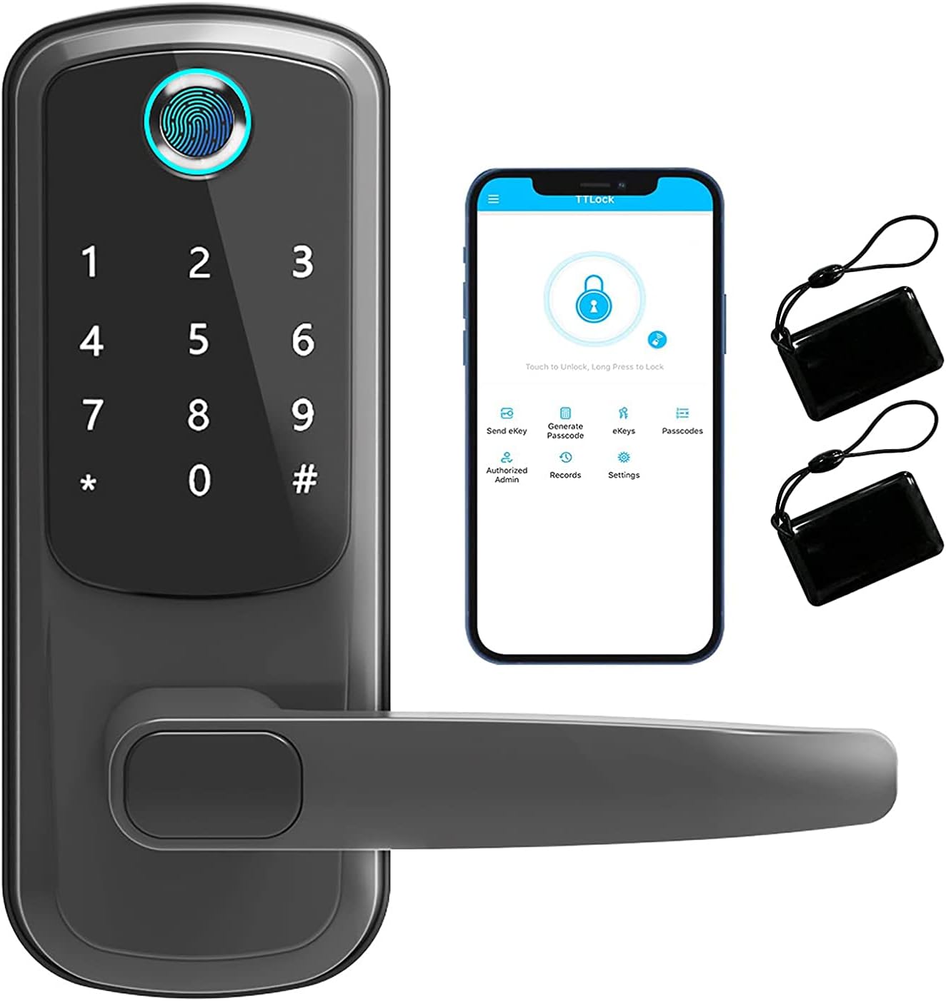 Keyless Entry Door Lock, Gimkok 5-in-1 Fingerprint Door Lock with Reversible Handle, Door Lock with Keypads for Home, Office, House Rental, Use APP