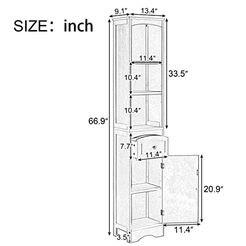 Tall Bathroom Cabinet,Narrow Storage Cabinet,Wooden Bathroom Cupboard with Door and Adjustable Shelf,Three Tier Shelves,Tall Slim Cabinet