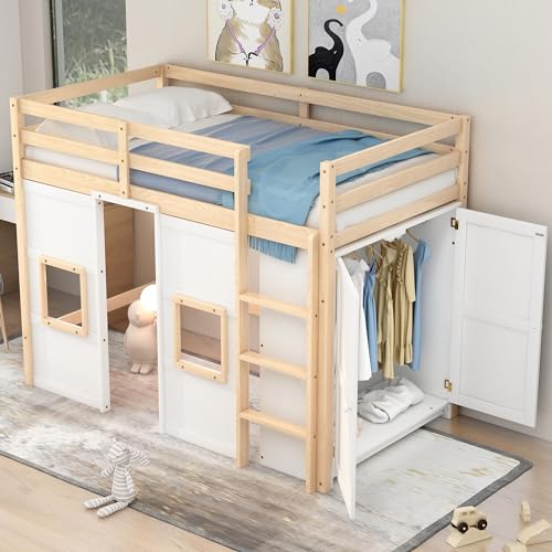 Full Size Loft Bed with L-Shaped Desk, Wardrobe and Storage Shelves, Solid Wood Bedframe w/Safety Guardrails & Ladder for Kids Teens Adults