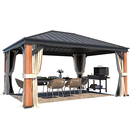 EROMMY 12'x20' Hardtop Gazebo Double Roof Galvanized Steel Canopy Outdoor Aluminum Frame Permanent Metal Pavilion with Netting and Curtains for Patio