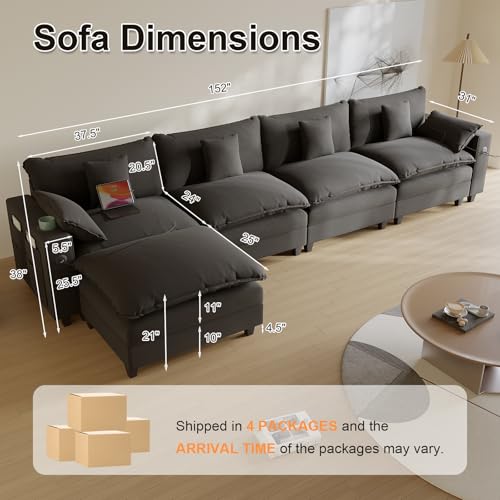 Modular Sectional Sofa, Cloud Couch with Ottoman, Charging Station, Throw Pillows, Cup Holders, Modern Convertible U Shaped Couches for Living Room