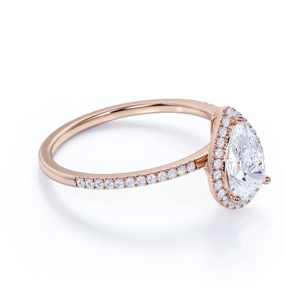 JeenMata Antique Vintage 1.75 Carat Pear cut Artdeco Halo Engagement Ring with Moissanite for Her in 18k Rose Gold Over Silver