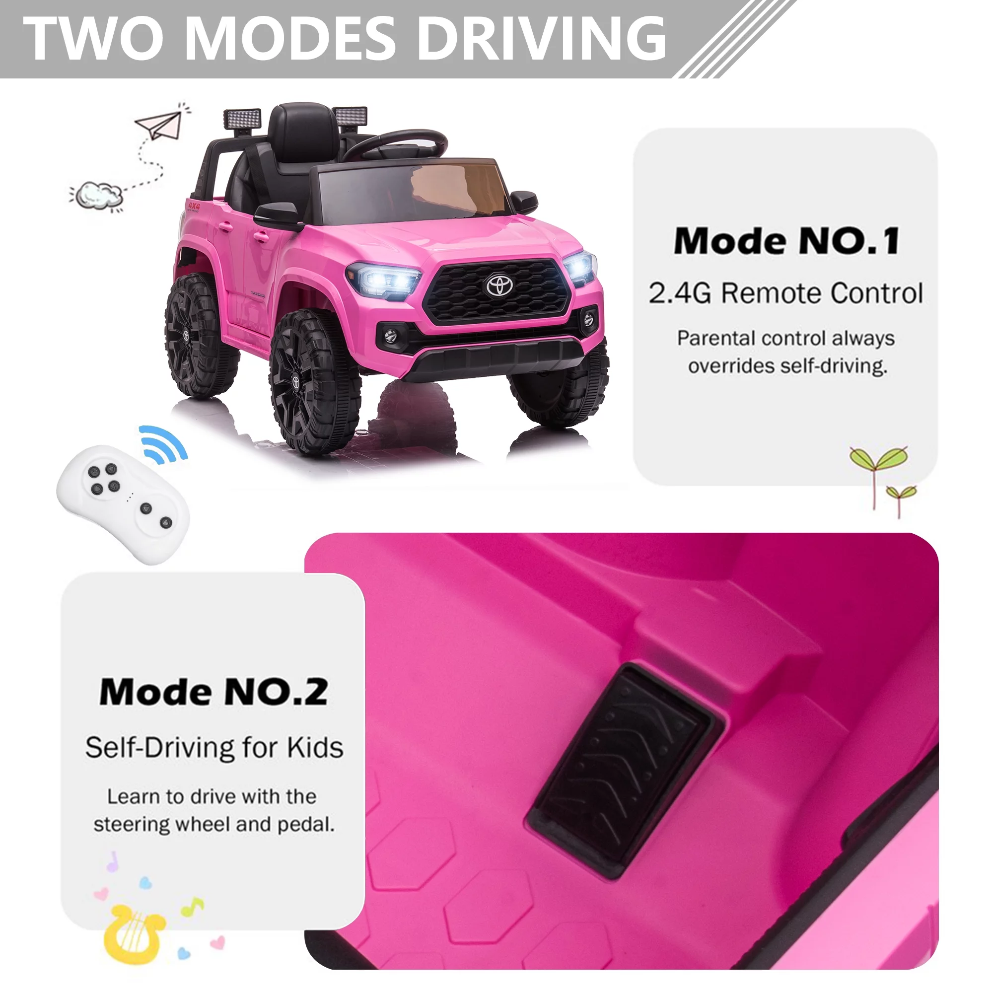 Licensed Toyota Tacoma Electric Ride on Vehicle for Kids, 12V Powered Ride on Car Toys with Remote Control, LED Lights, MP3 Player, Gray