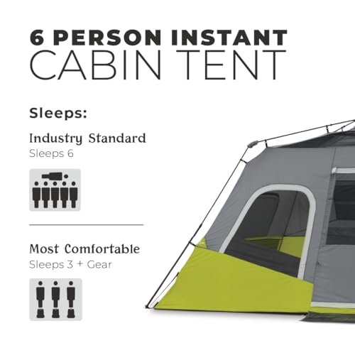 CORE 6 Person Instant Cabin Tent | Portable Large Pop Up Tent with Easy 60 Second Camp Setup for Family Camping | Included Hanging Organizer for