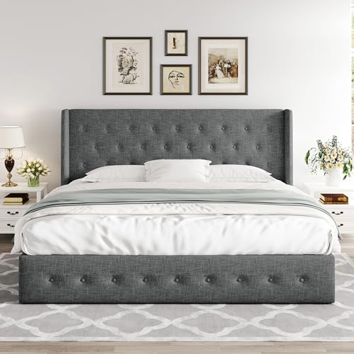 Allewie Full Size Lift Up Storage Bed, Modern Wingback Headboard, Hydraulic Support, No Box Spring Needed, Light Beige