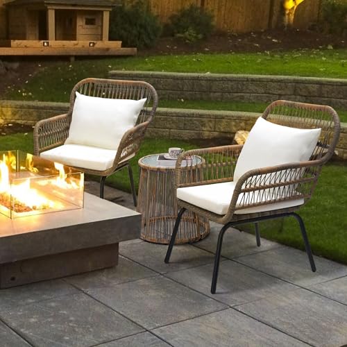 3 Piece Rattan Wicker Bistro Set, Outdoor Conversation Furniture Set with Glass Top Table, Space Saving for Balcony, Backyard, Natural