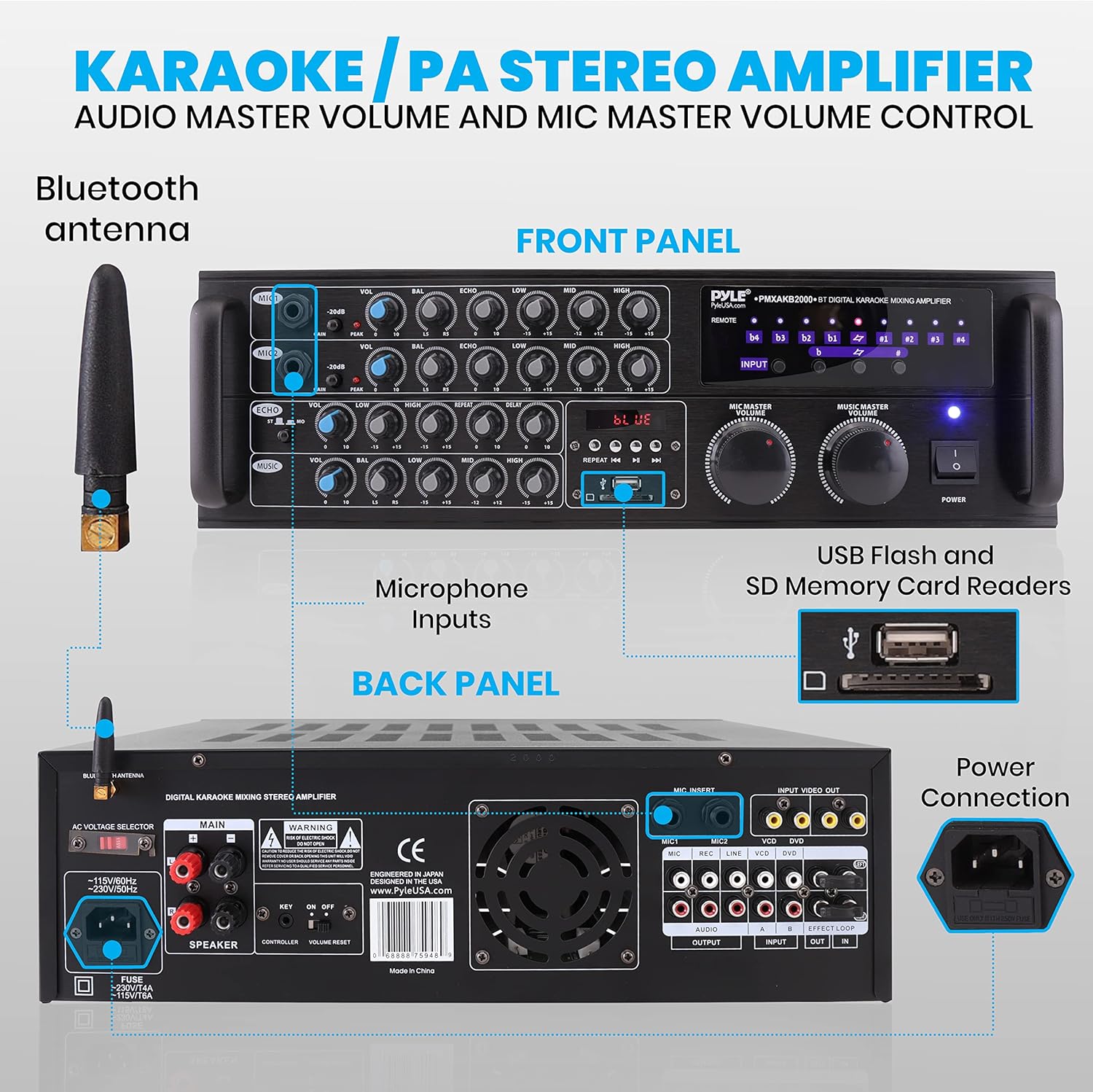 Dual Channel Bluetooth Mixing Amplifier - 2000W Rack Mount Karaoke Sound Mixer Audio Home Stereo Receiver Box System w/ RCA, USB, AUX - For Speaker