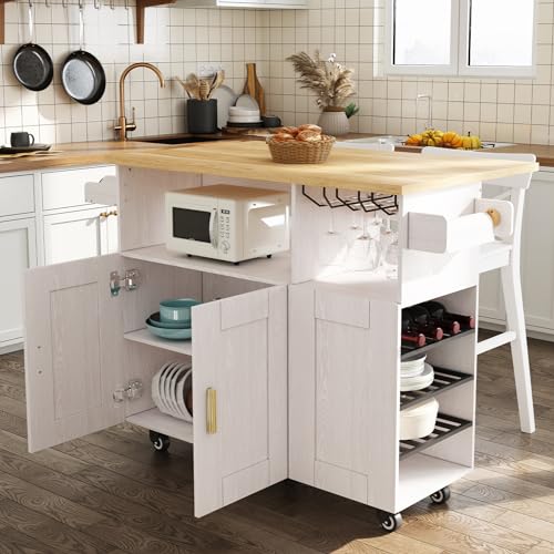 Rolling Mobile Kitchen Island Cart with Desktop Drop Leaf Countertop, Island Table Storage with 5 Wheels