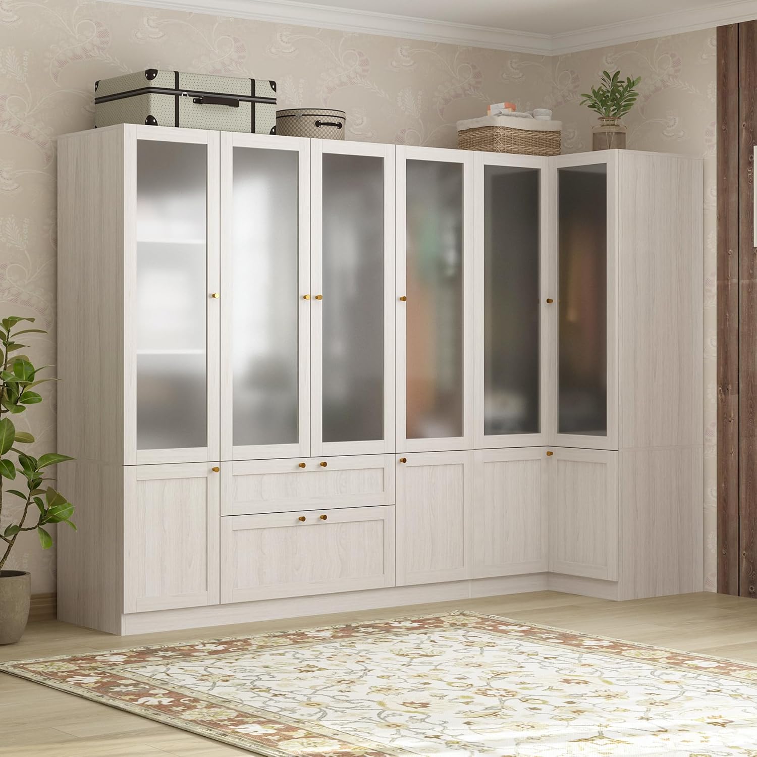 Homsee Extra Large L-Shape Armoire Wardrobe Closet with 6 Frosted Glass Doors, Hanging Bars, Shelves & Drawers