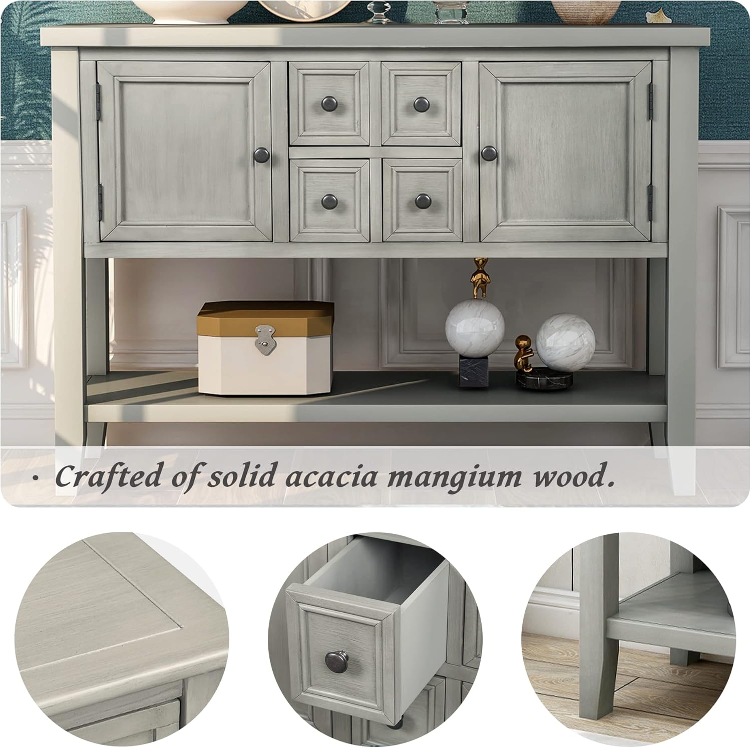 Farmhouse Vintage Console Table Sofa Table with 4 Drawers and Bottom Shelf