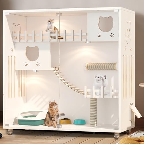 Enclosed Cat Condo, Large Space Cat Cage with Scratching Post, Wooden Indoor/Outdoor Cat Enclosure, Multi-Feature Cat Houses Ventilation Glass Doors