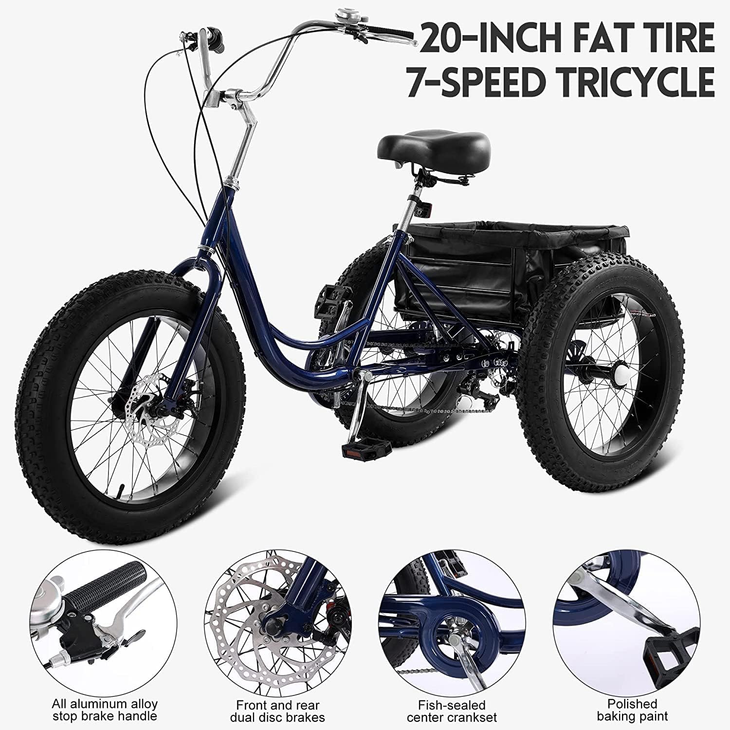 20" Fat Tire Adult Tricycle for Women Men Seniors, 7 Speed Three Wheel Bike Cruiser Trike for Errands Fun Pets