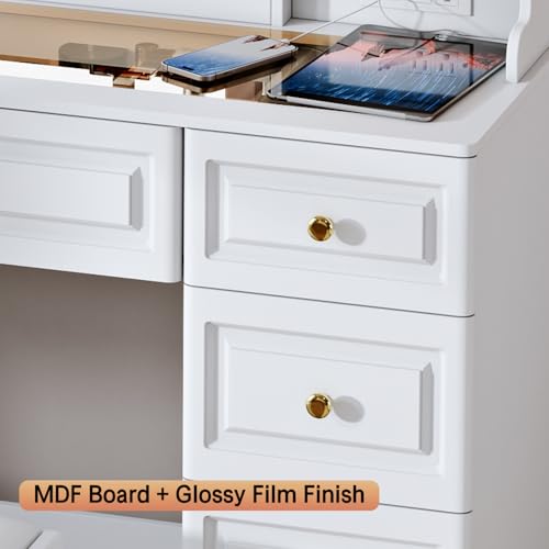 43" Makeup Vanity Desk with Mirror and Lights, & Power Outl, Glass Top Big Vanity Table with 9 Drawers& 8 Storage Shelves