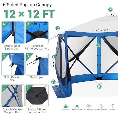 COBIZI 12x12ft Pop up Gazebo Screen Tent Screen House for Camping, Camping Outdoor Screened Gazebo, Canopy Tent
