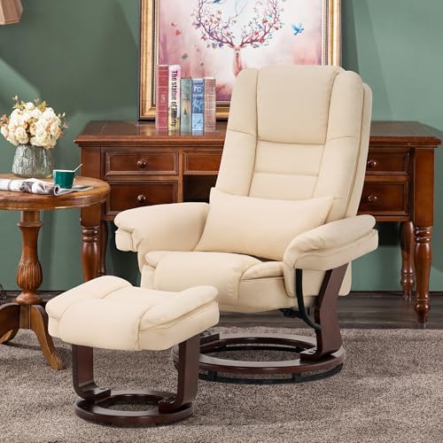 MCombo Recliner with Ottoman Chair Accent Recliner Chair with Vibration Massage, Removable Lumbar Pillow, 360 Degree Swivel Wood Base