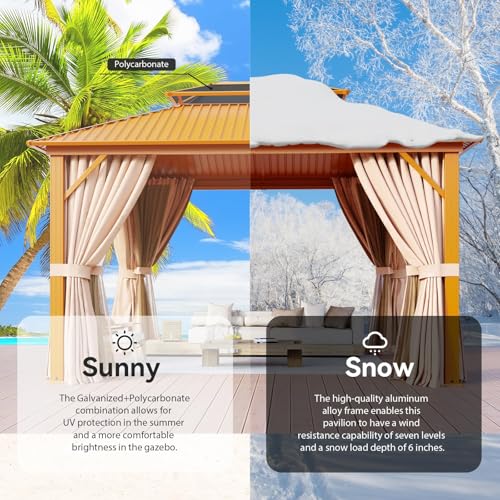Aoxun 12'x10' Hardtop Gazebo, Aluminum Frame Permanent Pavilion with Curtains and Netting, Outdoor Polycarbonate Double Roof Canopy