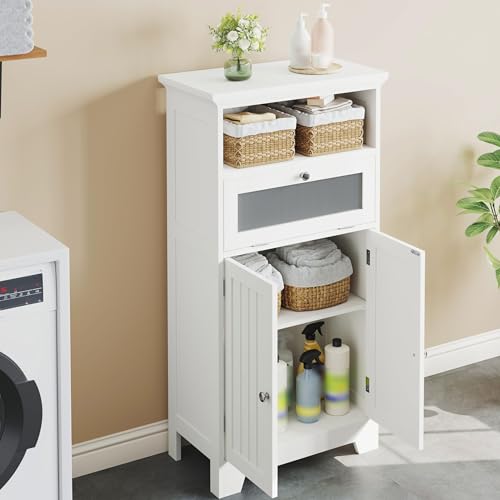 ChooChoo Bathroom Floor Storage Cabinet with Flip Glass Drawer, Freestanding with 2 Doors, Adjustable Shelf & 1 Open Storage for Living Room, Hallway