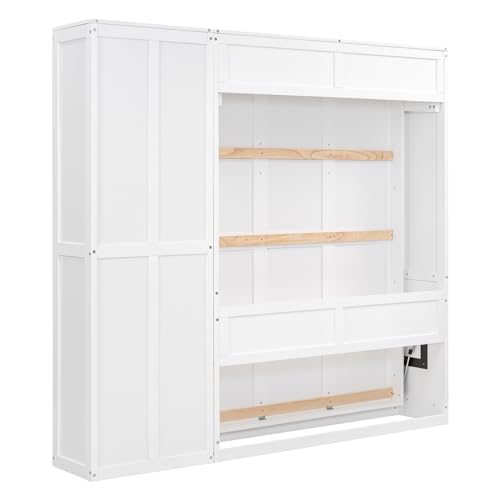 Harper & Bright Designs Full Size Murphy Bed Wall Bed with Storage Shelves, Drawers and LED Lights