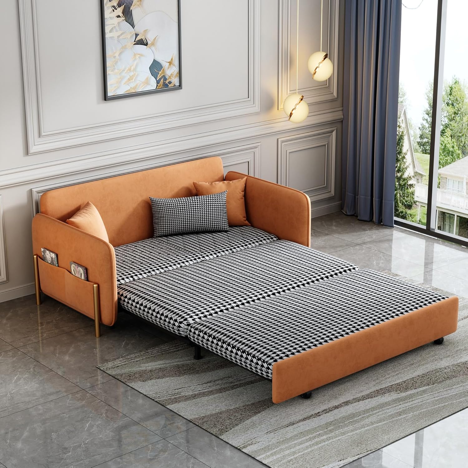 53.5" Full Sleeper Sofa Orange Upholstered Convertible Sofa Bed 3 in 1 Sleeper Sofa Couch Bed