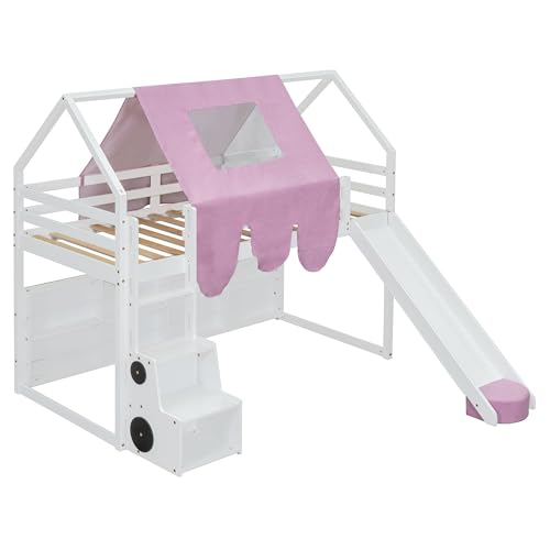 Harper & Bright Designs Kids Twin Low Loft Bed with Slide and Storage Shelves, Wood Playhouse Loft Bed Frame with a Tent & Stairs