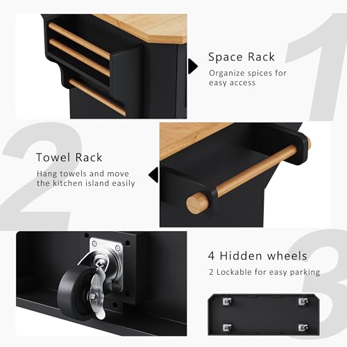 Amposei Rolling Kitchen Storage Island on Wheels with Power Outlet, Drop Leaf Breakfast Bar Kitchen Cart Island Table with Drawers