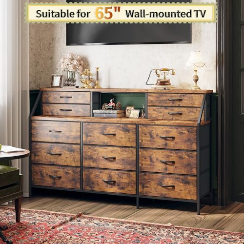 55" W Dresser for Bedroom, Dressers & Chests of Drawers with 13 Fabric Drawers and 2 Open Shelves, Long Vanity Dressers for Bedroom & Closet
