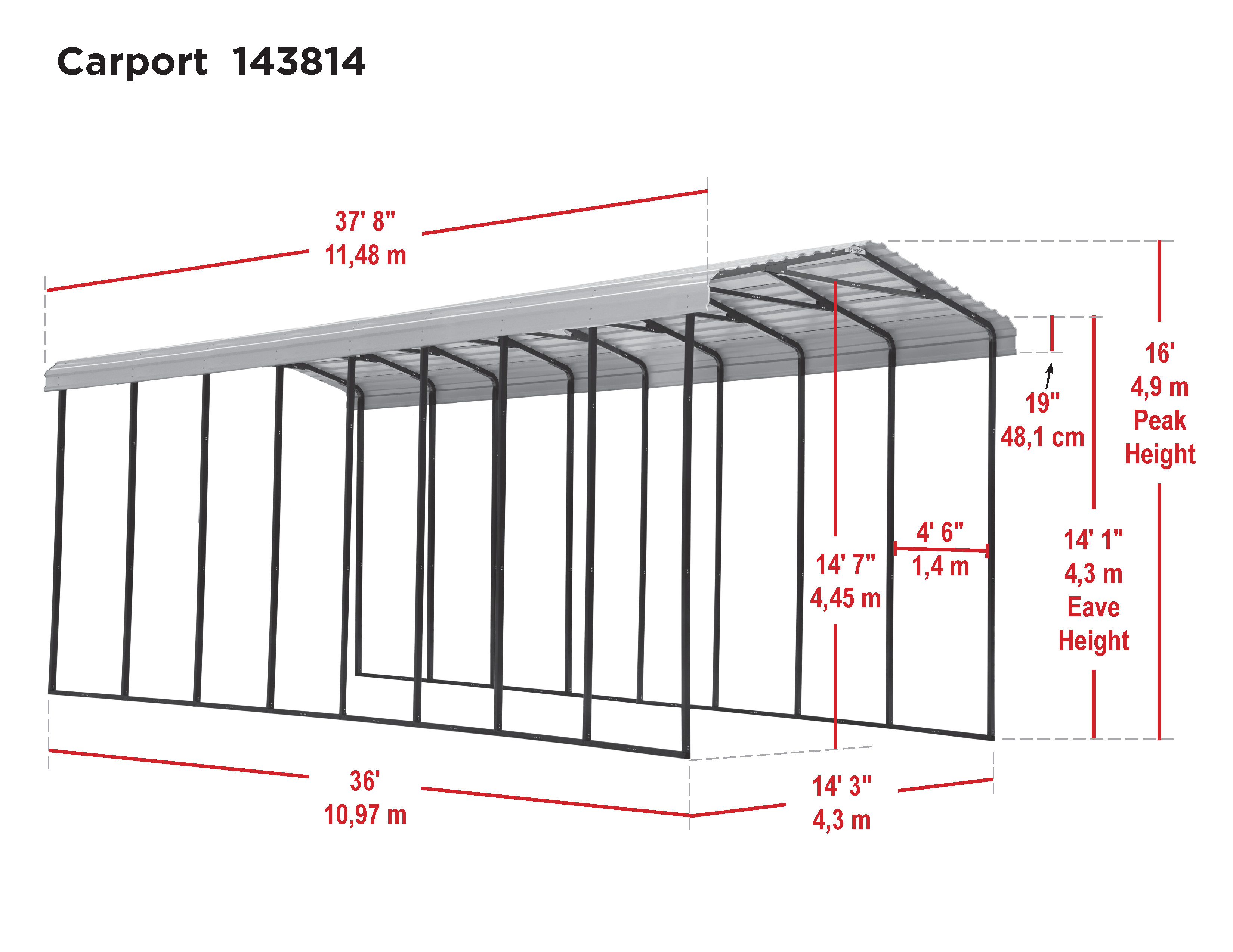 Arrow CPHC143814 14 x 38 x 14 ft. RV Protected Carport, Charcoal