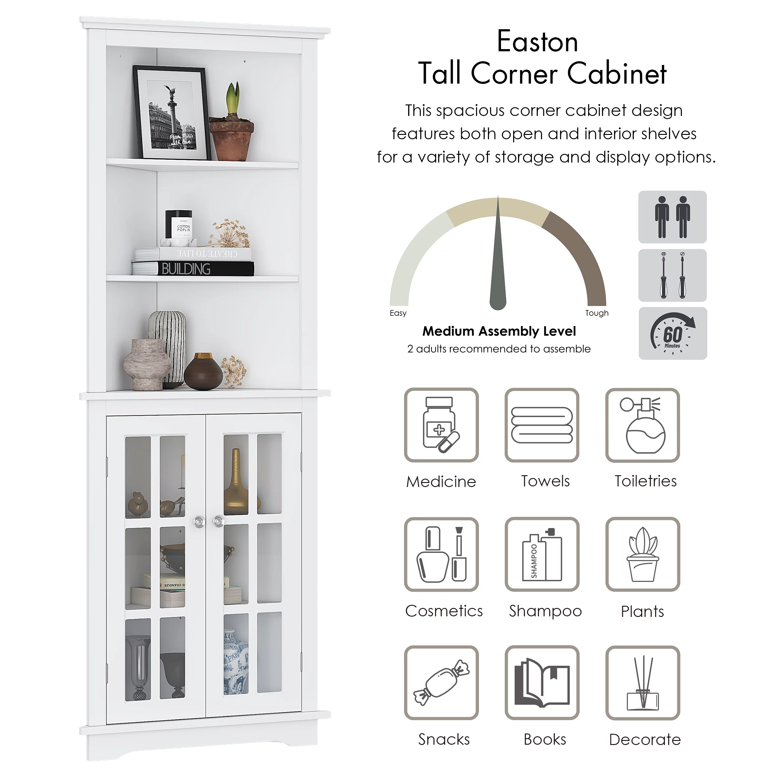 Spirich Home Bathroom Tall Corner Storage Cabinet, Floor Slim Display Storage Cabinet with Glass Doors and Adjustable Shelves for Bathroom, Kitchen