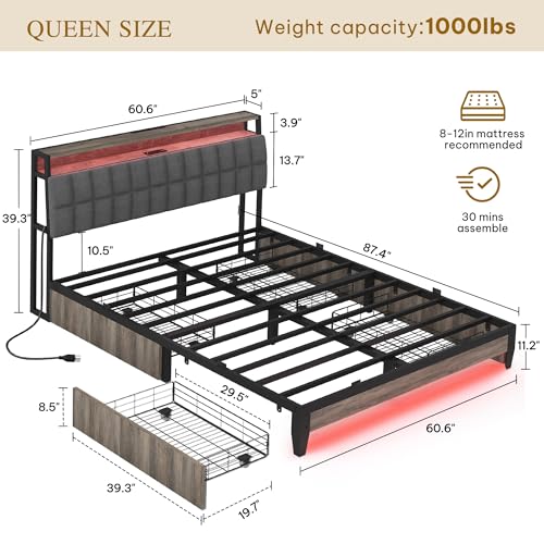 YITAHOME Queen Size Bed Frame with RGB LED Lights and 4 Drawers, Upholstered Platform Bed with Charging Station and Storage Headboard