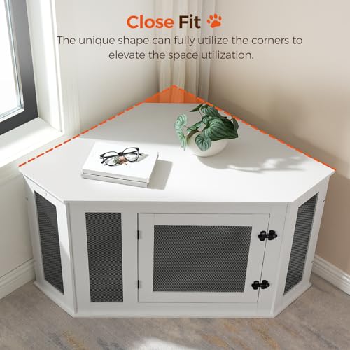 Corner Dog Crate Furniture, Wooden Dog Kennel End Table, Decorative Pet Crate Indoor Use, Furniture Style Dog House for Small Medium Dog