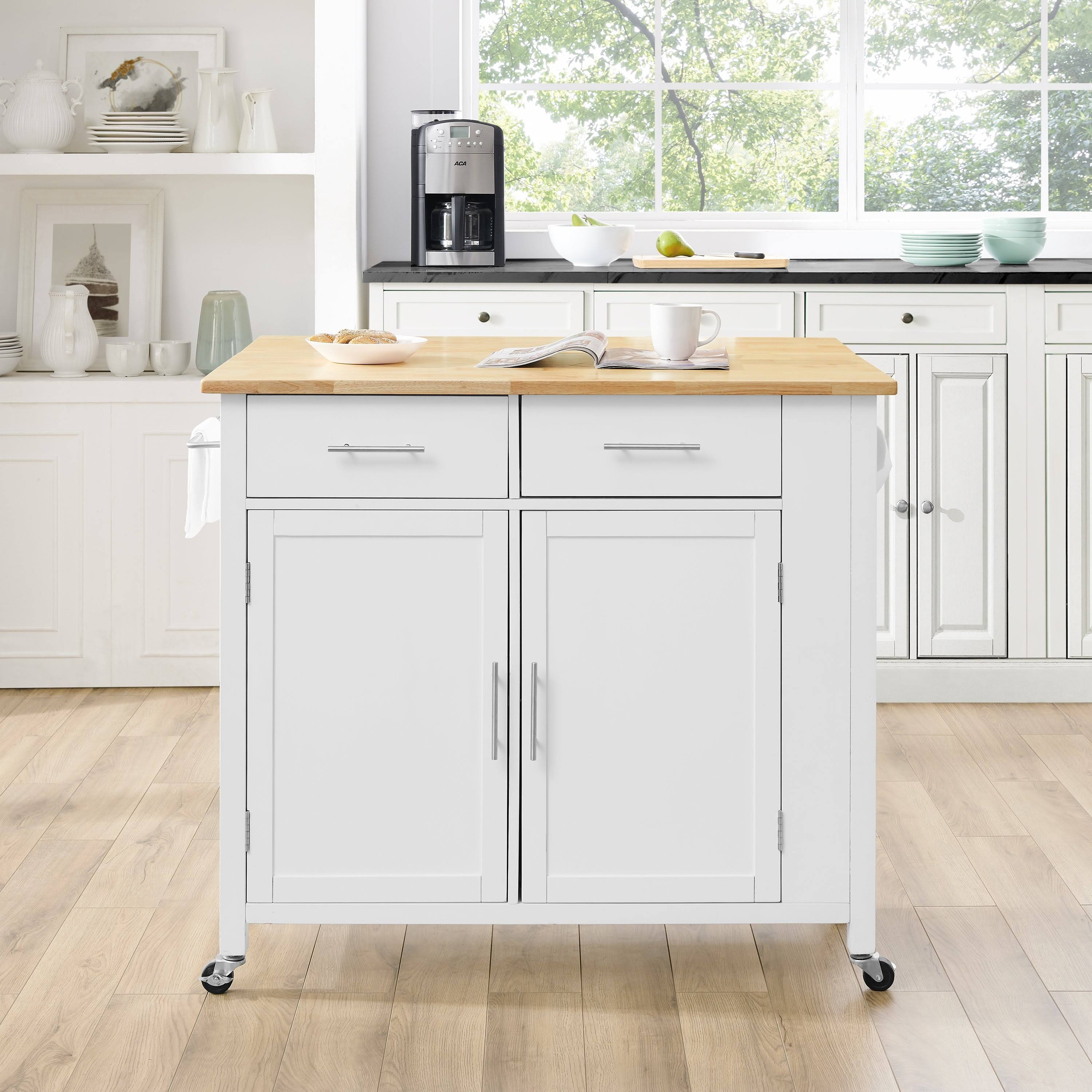 Crosley Savannah Drop-Leaf Kitchen Island Cart White Natural Wood Top